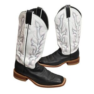 Justin Bent Rail Western Boots 8 Black White Cowhide Leather Square Toe Cowgirl